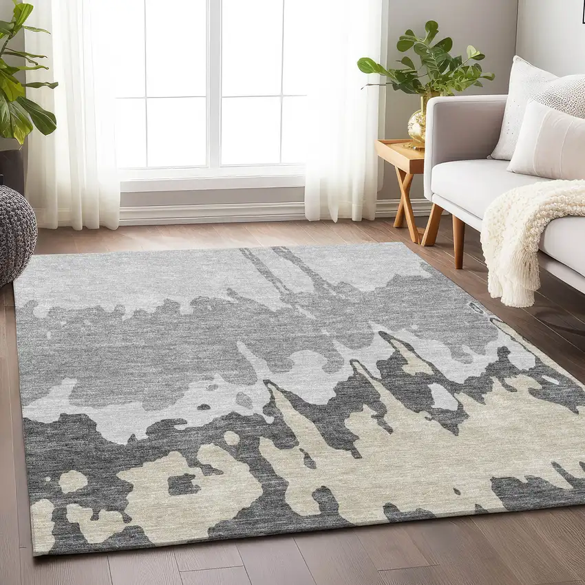 Gray And Silver Abstract Washable Area Rug With UV Protection Photo 4