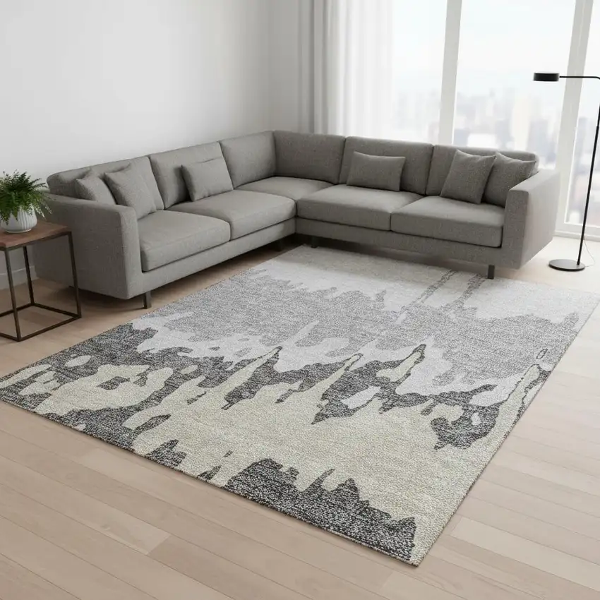 Gray And Silver Abstract Washable Area Rug With UV Protection Photo 2