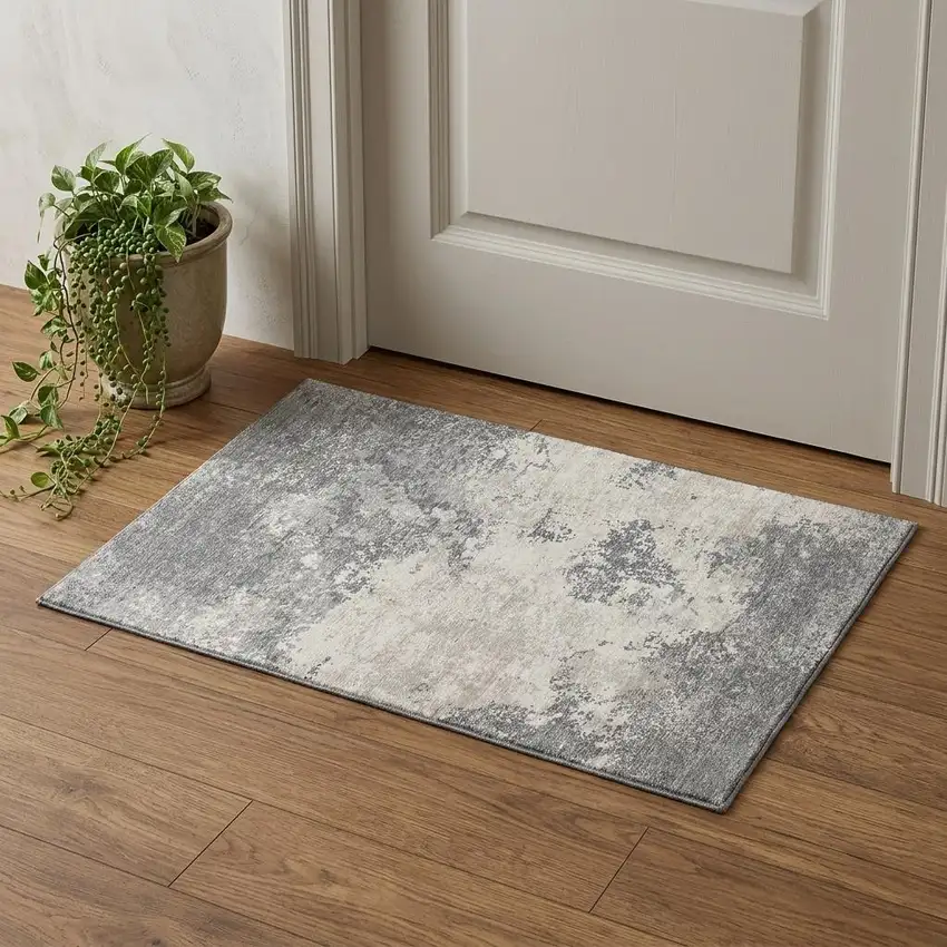 Gray And Silver Abstract Washable Area Rug With UV Protection Photo 1