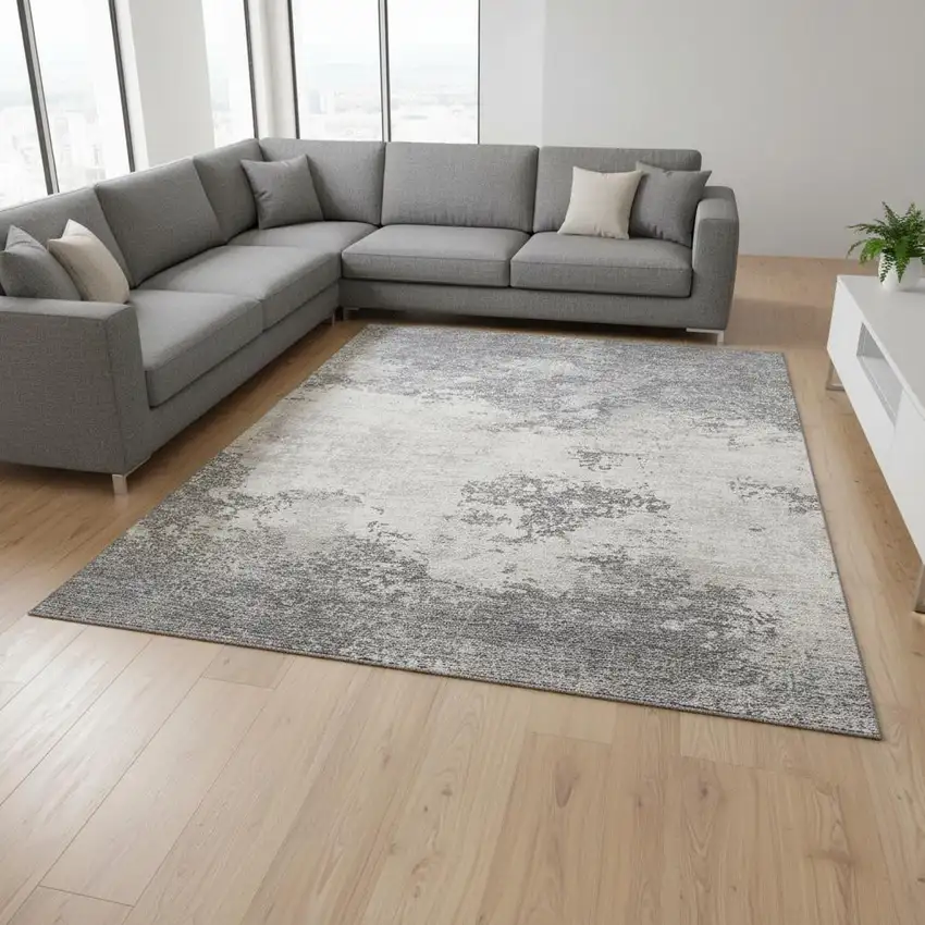 Gray And Silver Abstract Washable Area Rug With UV Protection Photo 2