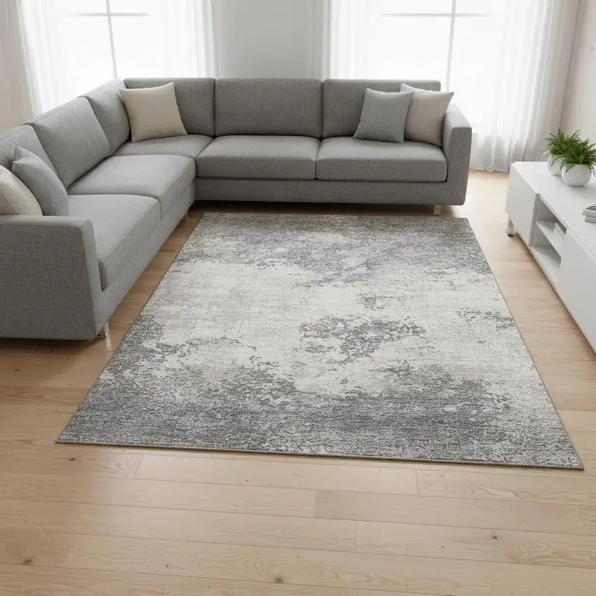 Gray And Silver Abstract Washable Area Rug With UV Protection Photo 2