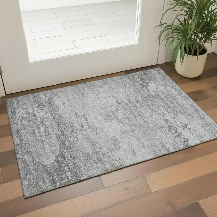 Gray And Silver Abstract Washable Area Rug With UV Protection Photo 2