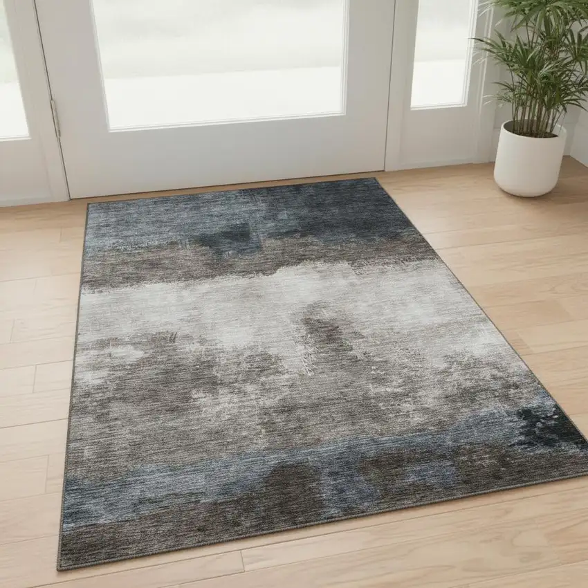 Gray And Silver Abstract Washable Area Rug With UV Protection Photo 2