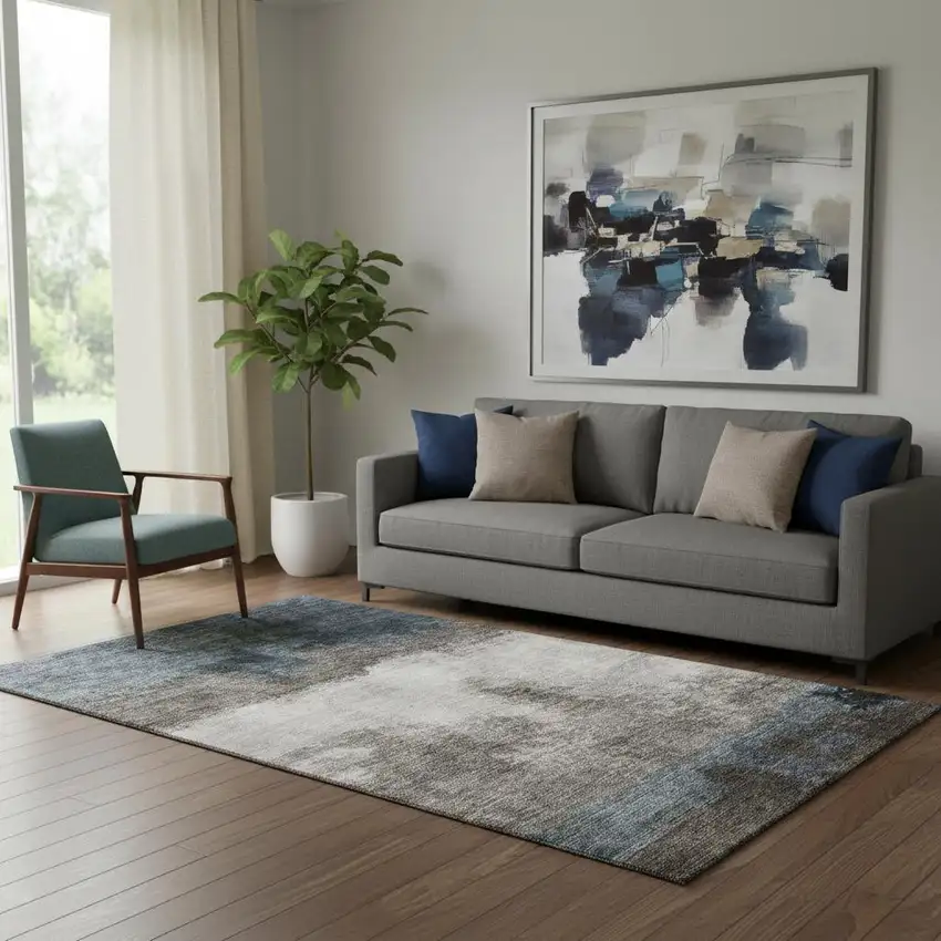 Gray And Silver Abstract Washable Area Rug With UV Protection Photo 2