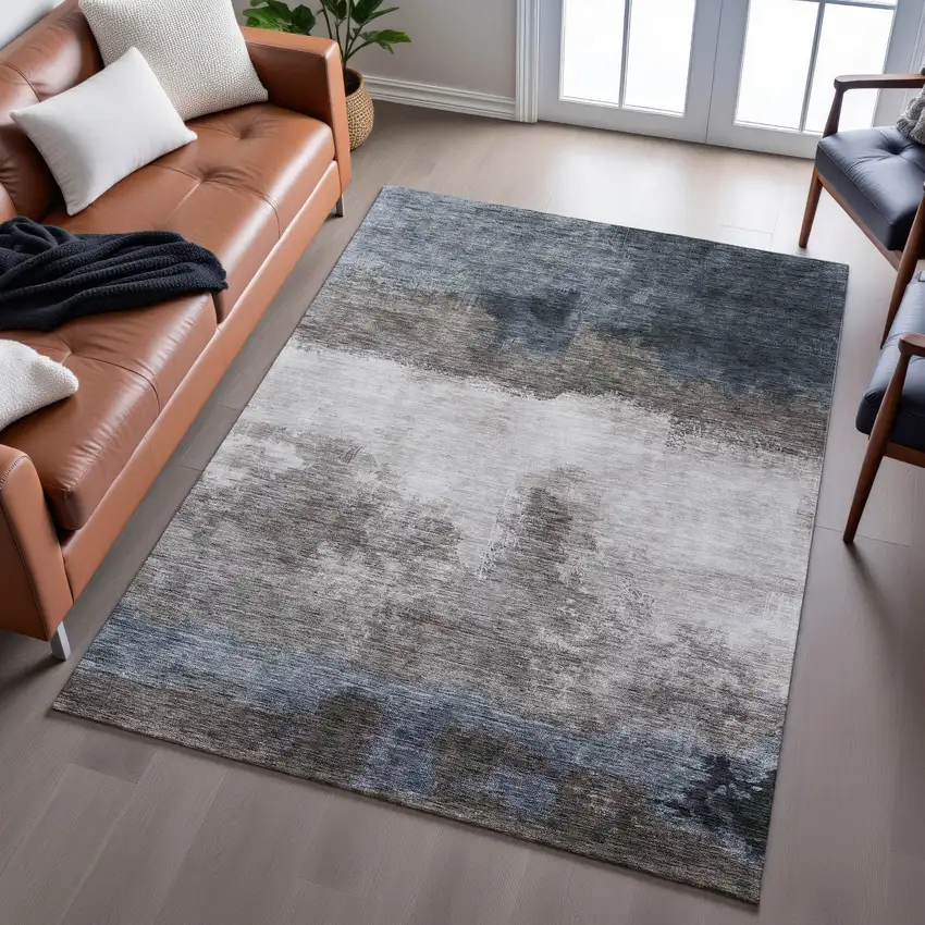Gray And Silver Abstract Washable Area Rug With UV Protection Photo 5