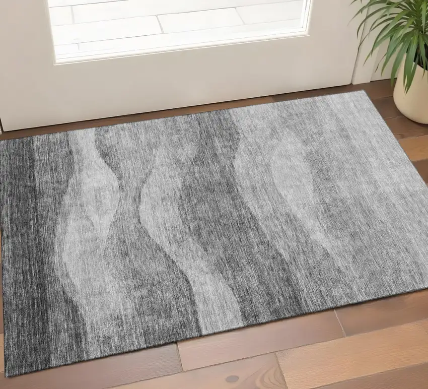 Gray And Silver Abstract Washable Area Rug With UV Protection Photo 1