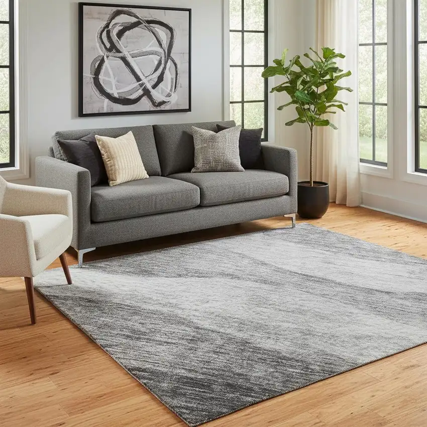 Gray And Silver Abstract Washable Area Rug With UV Protection Photo 2