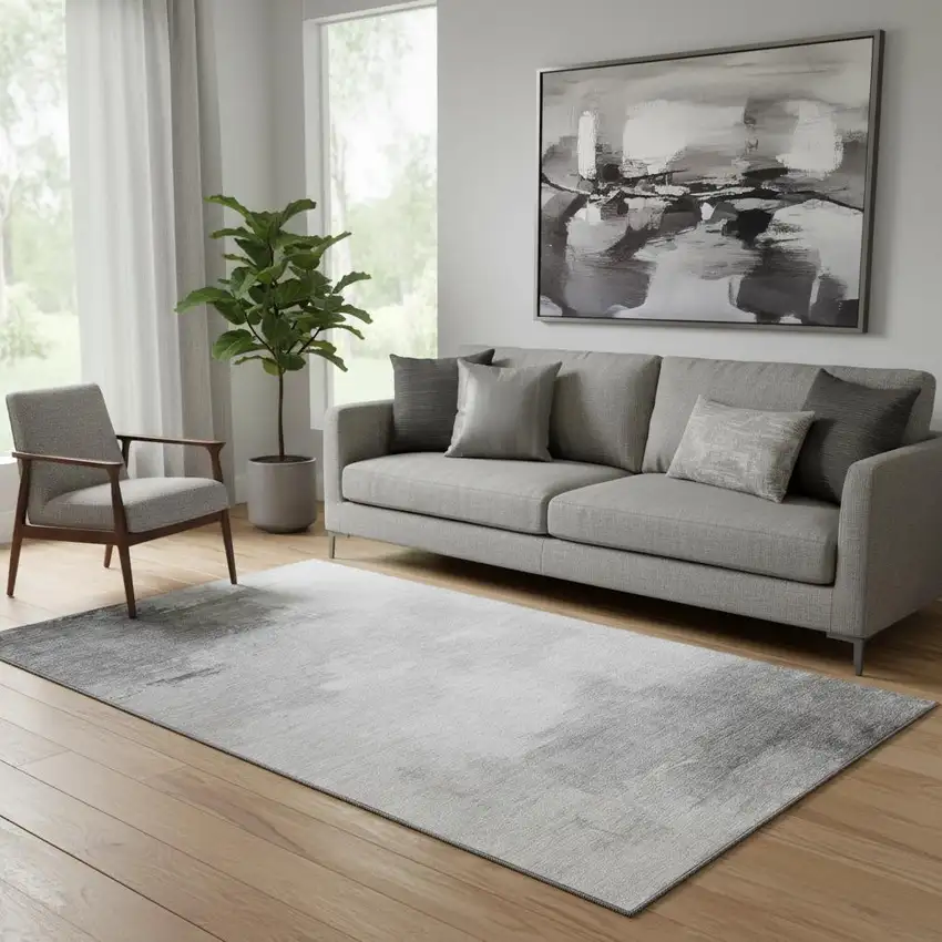 Gray And Silver Abstract Washable Area Rug With UV Protection Photo 2