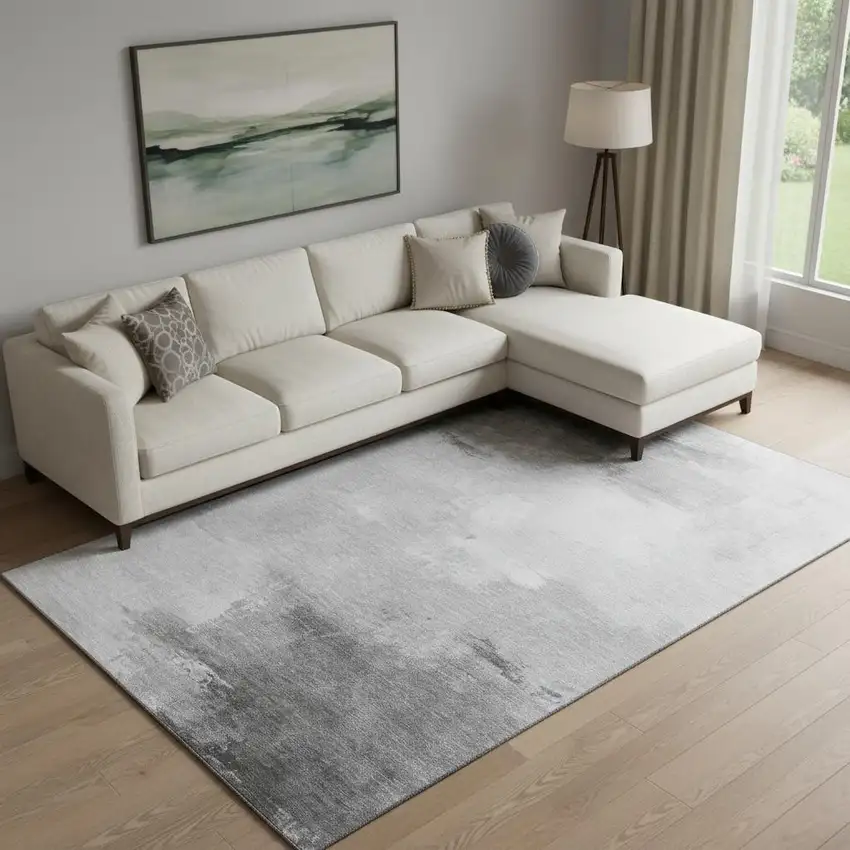 Gray And Silver Abstract Washable Area Rug With UV Protection Photo 2