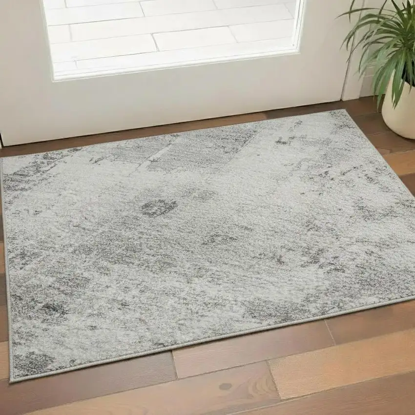 Gray And Silver Abstract Washable Area Rug With UV Protection Photo 2