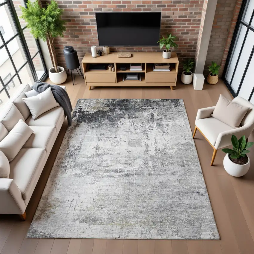 Gray And Silver Abstract Washable Area Rug With UV Protection Photo 3