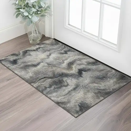 Gray And Silver Abstract Washable Area Rug With UV Protection Photo 2