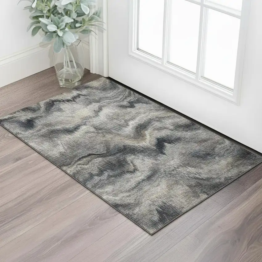 Gray And Silver Abstract Washable Area Rug With UV Protection Photo 2