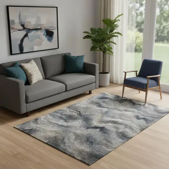 Gray And Silver Abstract Washable Area Rug With UV Protection Photo 2