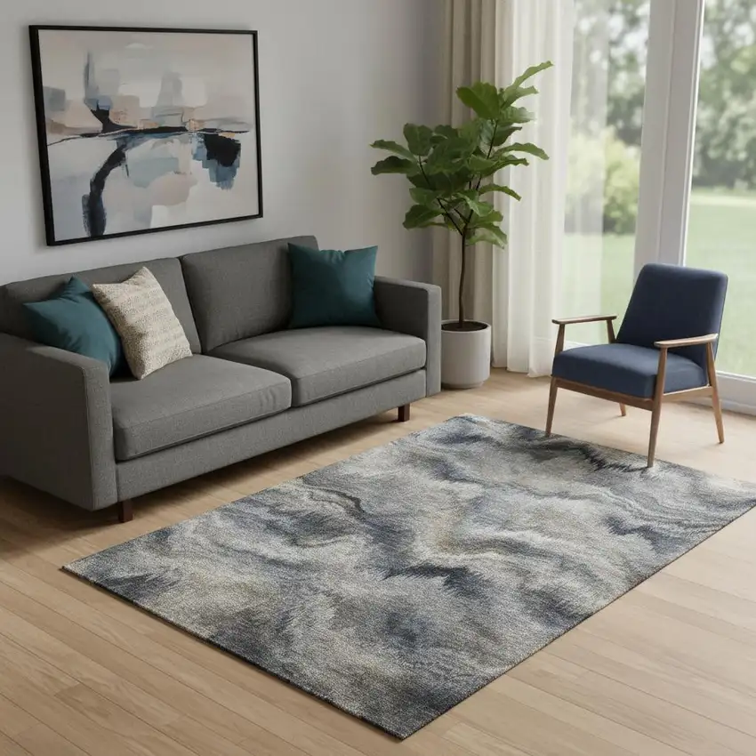 Gray And Silver Abstract Washable Area Rug With UV Protection Photo 2