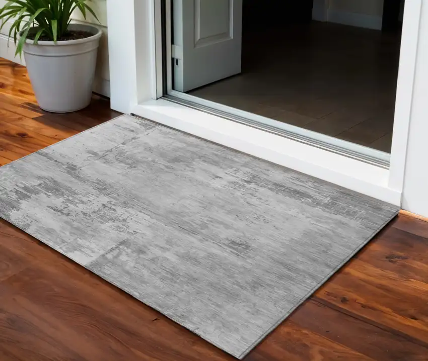 Gray And Silver Abstract Washable Indoor Outdoor Area Rug Photo 1