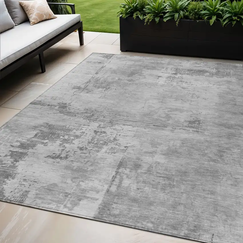 Gray And Silver Abstract Washable Indoor Outdoor Area Rug Photo 1