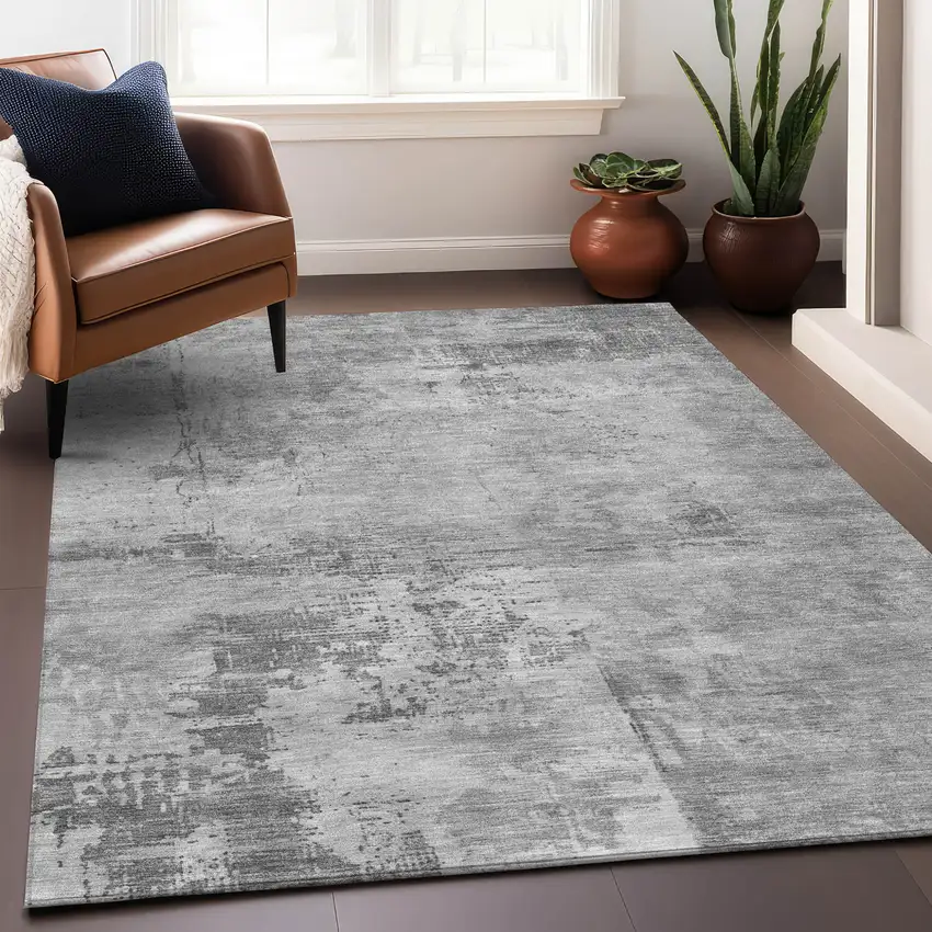 Gray And Silver Abstract Washable Indoor Outdoor Area Rug Photo 8