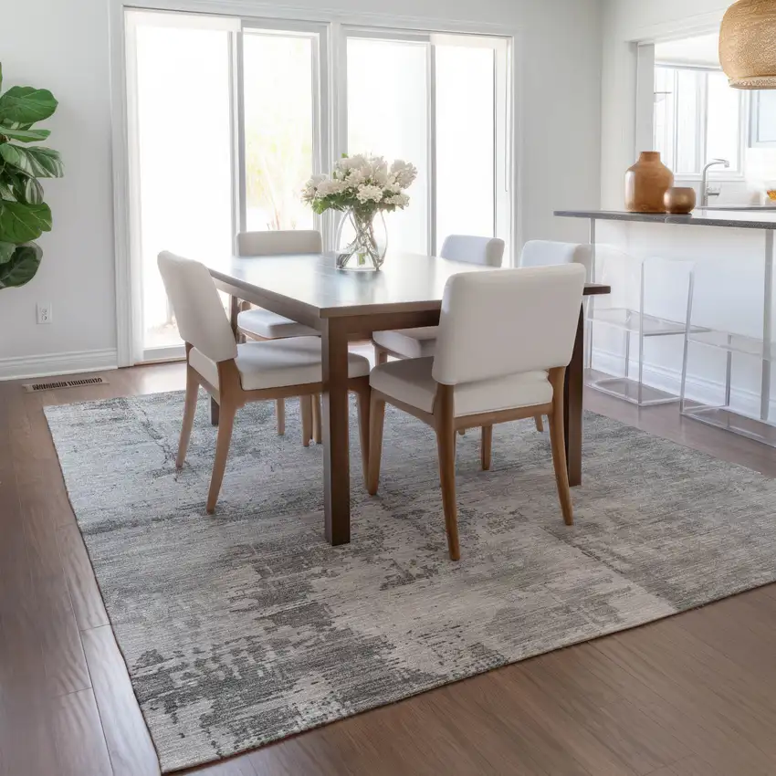 Gray And Silver Abstract Washable Indoor Outdoor Area Rug Photo 9