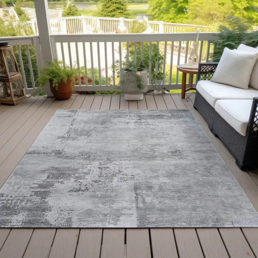 Gray And Silver Abstract Washable Indoor Outdoor Area Rug Photo 7