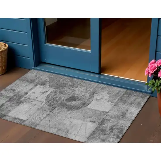 Gray And Silver Abstract Washable Indoor Outdoor Area Rug Photo 2