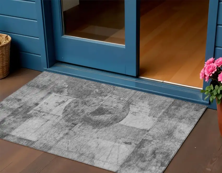 Gray And Silver Abstract Washable Indoor Outdoor Area Rug Photo 2