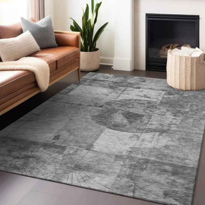 Gray And Silver Abstract Washable Indoor Outdoor Area Rug Photo 6