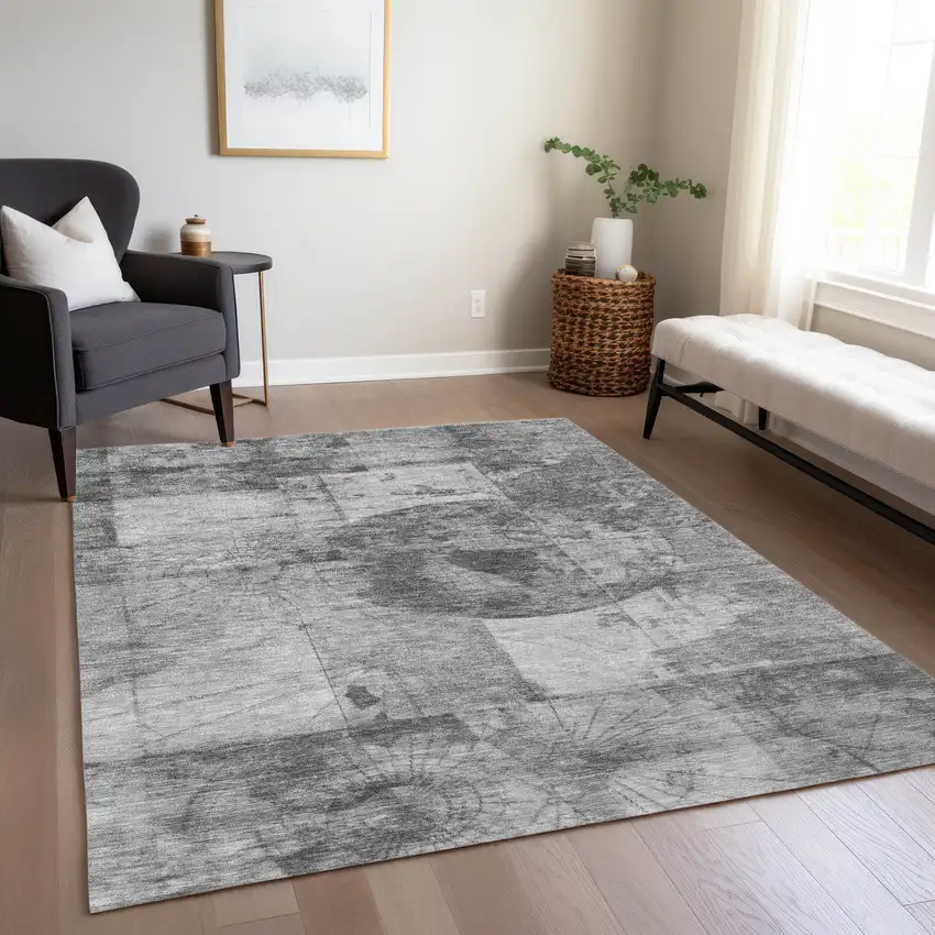 Gray And Silver Abstract Washable Indoor Outdoor Area Rug Photo 7