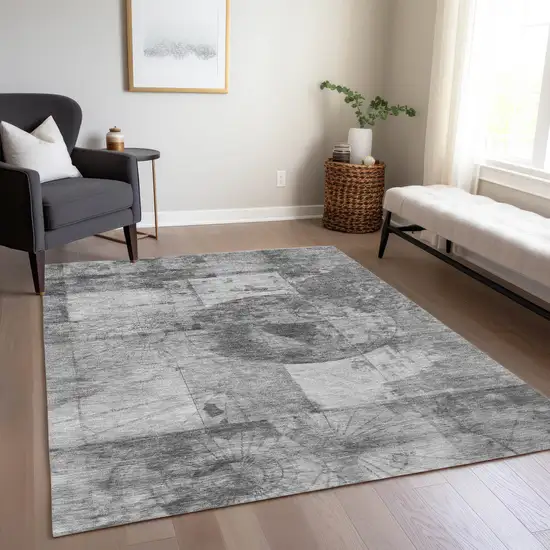 Gray And Silver Abstract Washable Indoor Outdoor Area Rug Photo 8