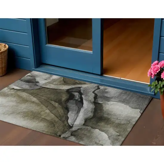 Gray And Silver Abstract Washable Indoor Outdoor Area Rug Photo 2