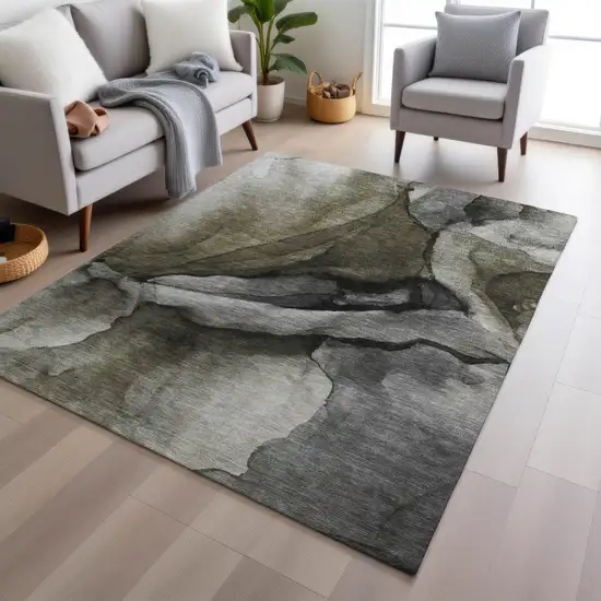 Gray And Silver Abstract Washable Indoor Outdoor Area Rug Photo 6