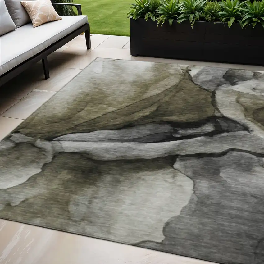 Gray And Silver Abstract Washable Indoor Outdoor Area Rug Photo 2