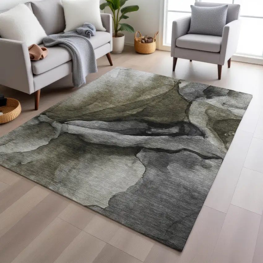 Gray And Silver Abstract Washable Indoor Outdoor Area Rug Photo 6