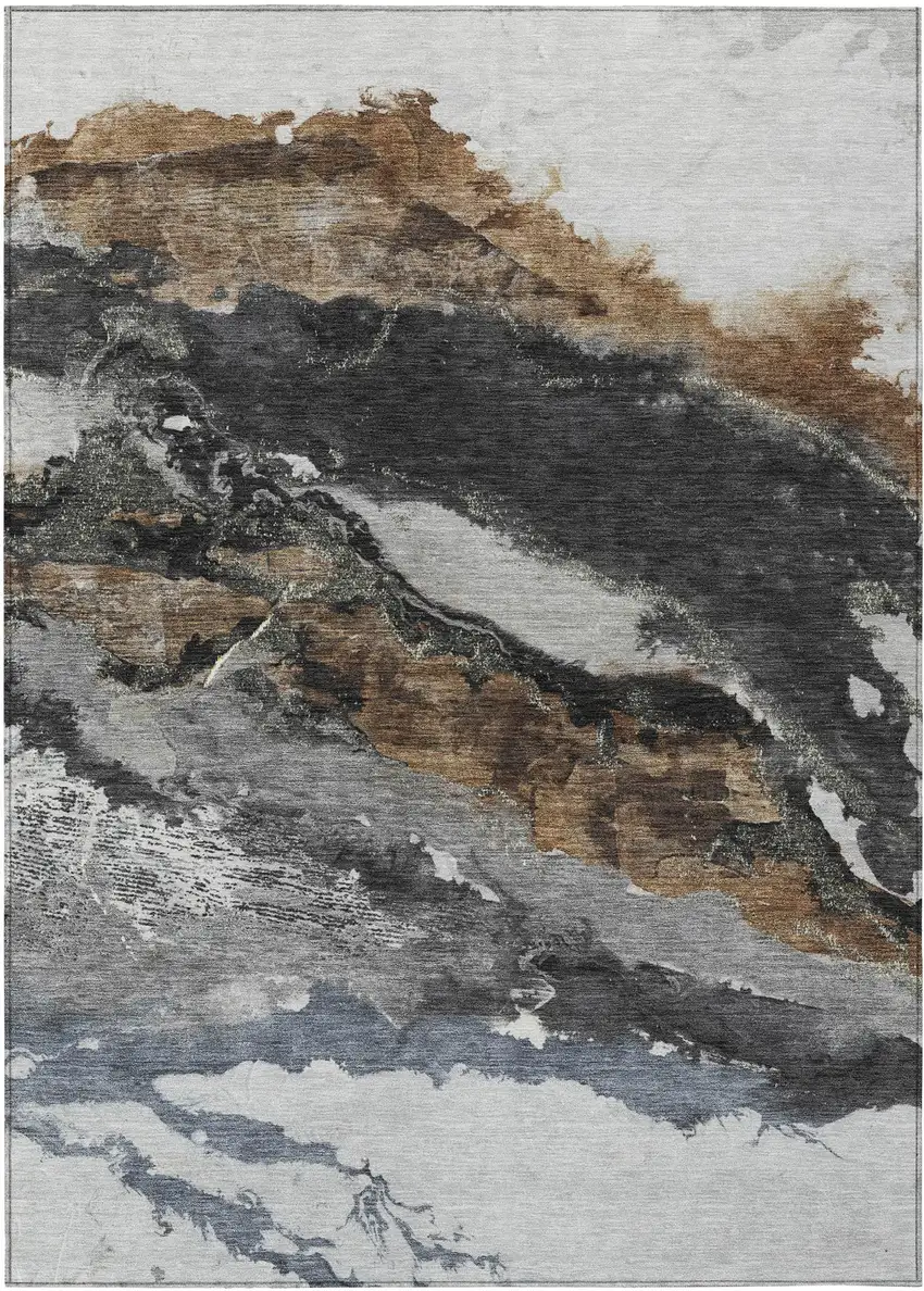 Gray And Silver Abstract Washable Indoor Outdoor Area Rug Photo 1