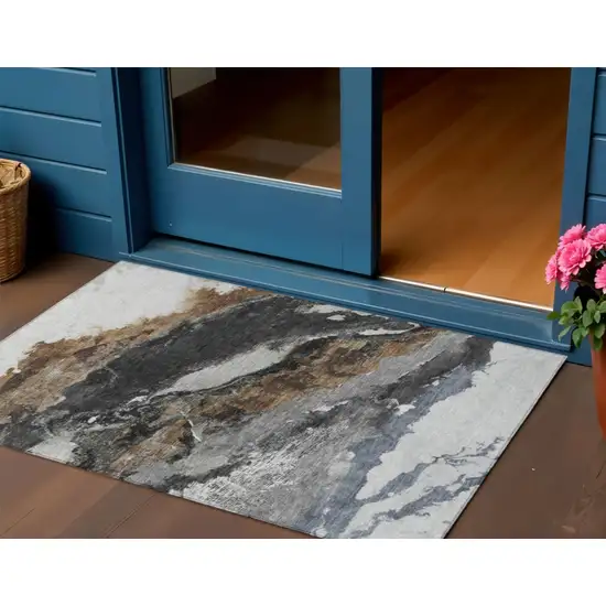 Gray And Silver Abstract Washable Indoor Outdoor Area Rug Photo 2