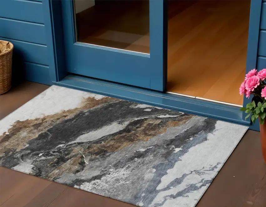 Gray And Silver Abstract Washable Indoor Outdoor Area Rug Photo 2