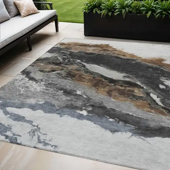 Gray And Silver Abstract Washable Indoor Outdoor Area Rug Photo 2