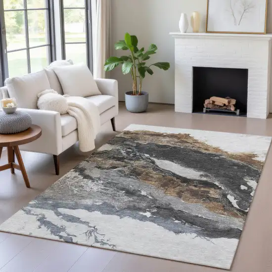 Gray And Silver Abstract Washable Indoor Outdoor Area Rug Photo 6