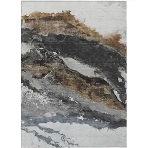 Photo of Gray And Silver Abstract Washable Indoor Outdoor Area Rug