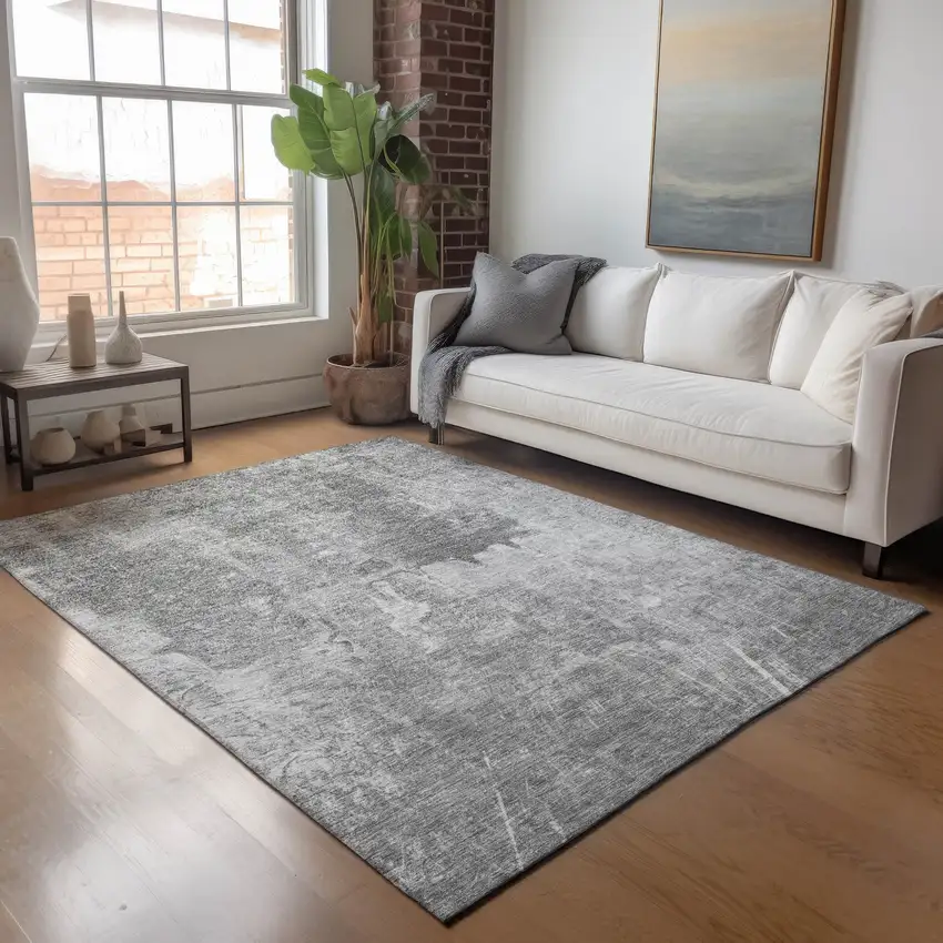 Gray And Silver Abstract Washable Indoor Outdoor Area Rug Photo 7