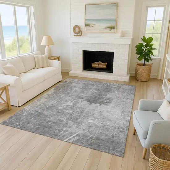 Gray And Silver Abstract Washable Indoor Outdoor Area Rug Photo 6