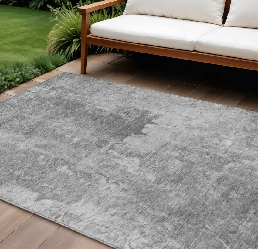 Gray And Silver Abstract Washable Indoor Outdoor Area Rug Photo 1