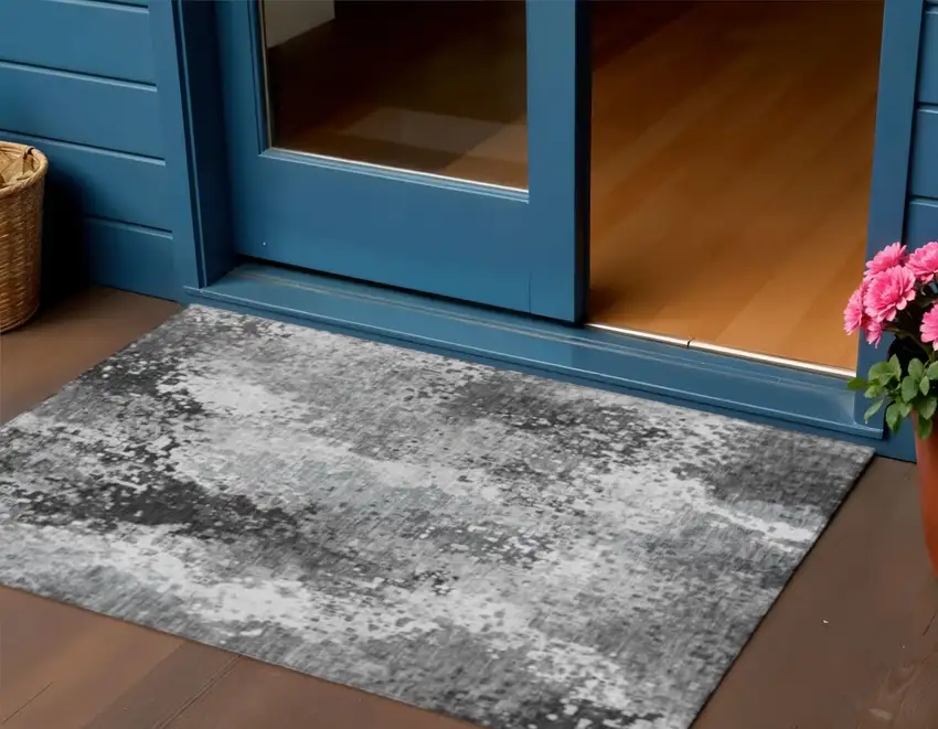 Gray And Silver Abstract Washable Indoor Outdoor Area Rug Photo 1