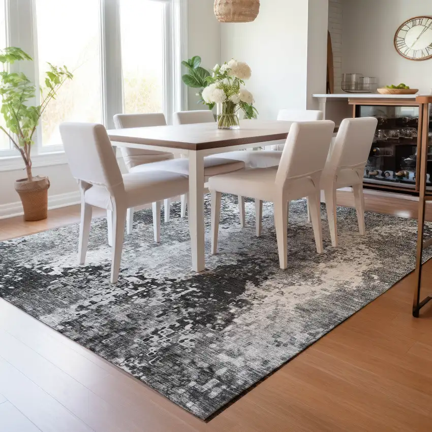 Gray And Silver Abstract Washable Indoor Outdoor Area Rug Photo 8