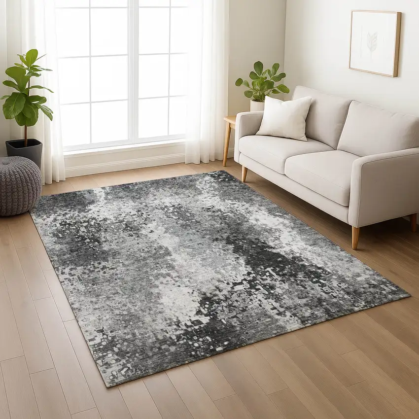 Gray And Silver Abstract Washable Indoor Outdoor Area Rug Photo 7
