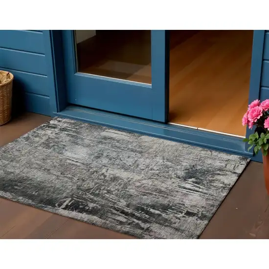 Gray And Silver Abstract Washable Indoor Outdoor Area Rug Photo 1