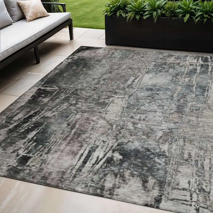 Gray And Silver Abstract Washable Indoor Outdoor Area Rug Photo 1