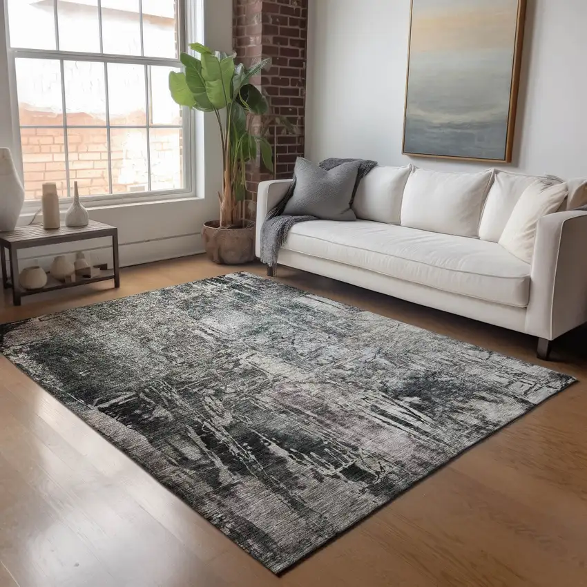 Gray And Silver Abstract Washable Indoor Outdoor Area Rug Photo 7