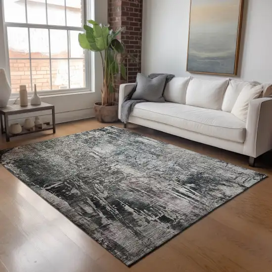 Gray And Silver Abstract Washable Indoor Outdoor Area Rug Photo 7