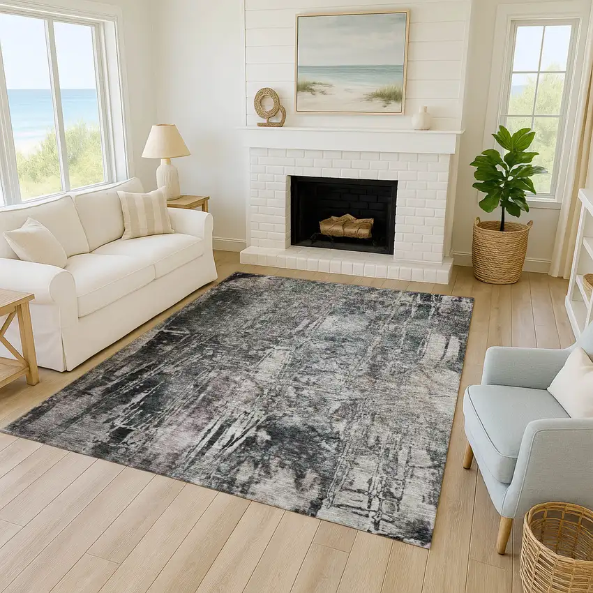 Gray And Silver Abstract Washable Indoor Outdoor Area Rug Photo 6